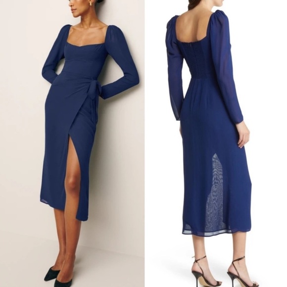NWT REFORMATION Navy Blue Theo Wrap Sweetheart Long Puff Sleeve Midi Dress sz 2 - Picture 1 of 7